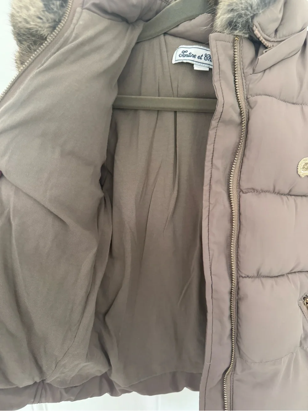 Tartine et Chocolat Taupe Quilted Baby Puffer with Real Fur Trim